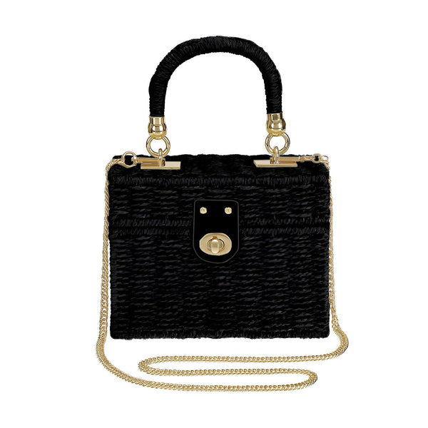 Sac à main noir en paille tressée avec anse, chaîne et fermoir dorés., 46193945215200,46193945247968,46193945280736