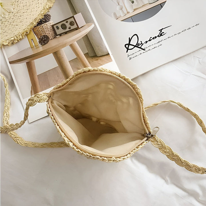 Sac bandoulière en paille tressée ouvert avec fermeture éclair et doublure intérieure, 46193946034400,46193946067168