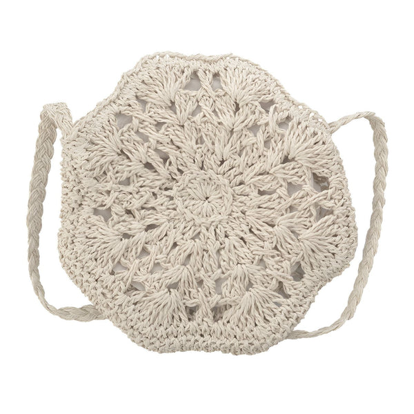 Sac rond beige en tissu tressé avec motif floral et anse tressée., 46193946034400,46193946067168