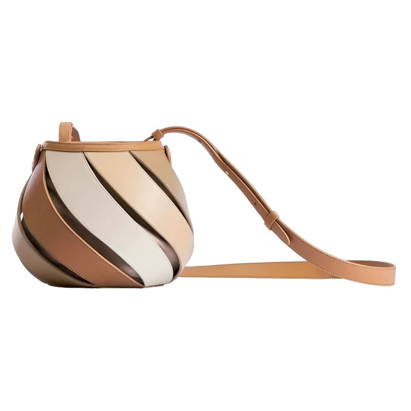Sac bandoulière forme spirale en cuir lanières marron beige crème, 46193872994528,46193873027296,46193873060064,46193873092832