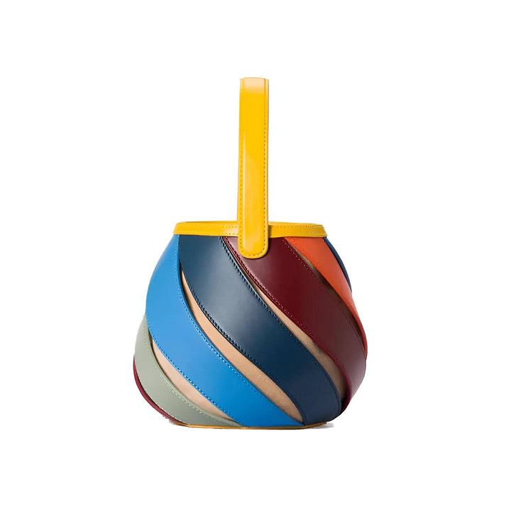 Sac seau tressé en cuir multicolore avec anse jaune, 46193872994528,46193873027296,46193873060064,46193873092832