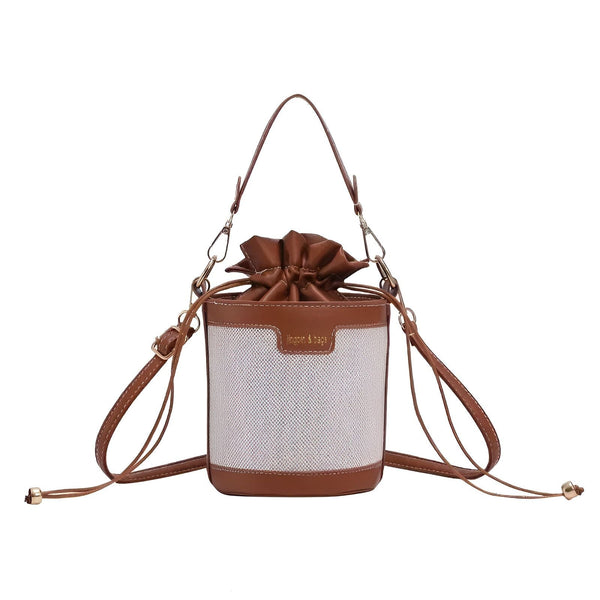 Sac à main seau marron et toile clair avec cordon de serrage et bandoulières, 46194011308256,46194011373792
