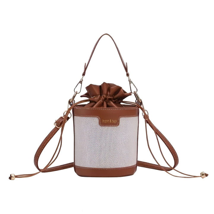 Sac à main seau marron et toile clair avec cordon de serrage et bandoulières, 46194011308256,46194011373792