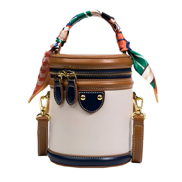 Sac à main cylindrique beige, marron, bleu marine avec foulard coloré sur l'anse, 46194010128608