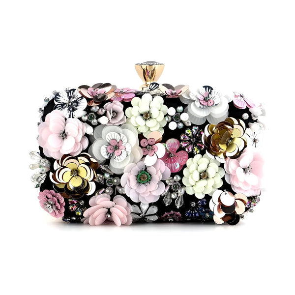 Pochette noire ornée de fleurs pastel en sequins et perles, fermoir doré., 46193927356640,46193927389408,46193927422176