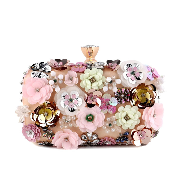 Clutch rose clair orné de fleurs, sequins et perles multicolores. Fermoir doré., 46193927356640,46193927389408,46193927422176