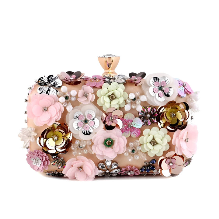 Clutch rose clair orné de fleurs, sequins et perles multicolores. Fermoir doré., 46193927356640,46193927389408,46193927422176