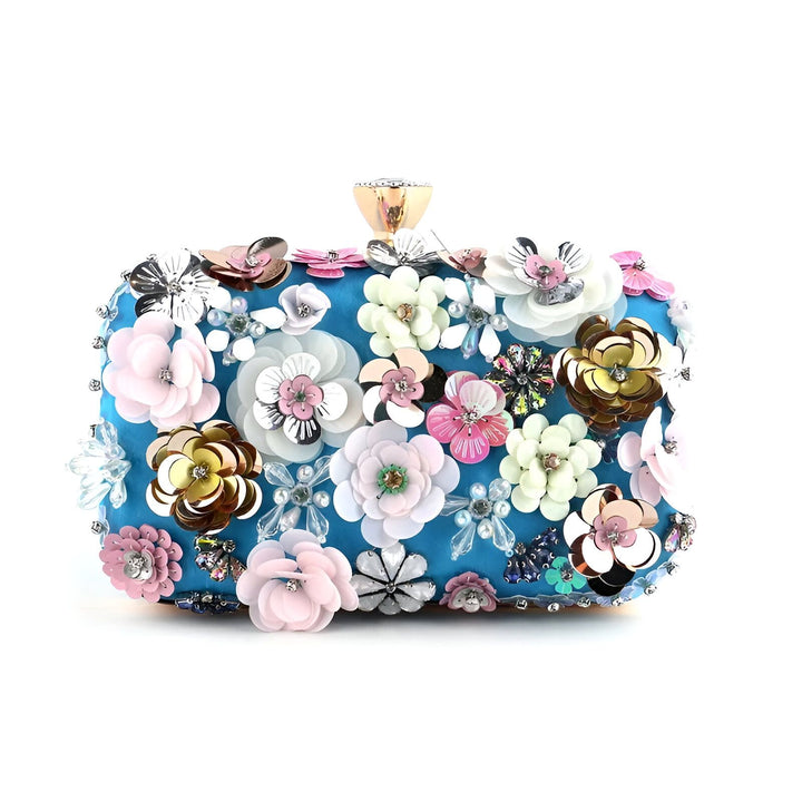 Sac pochette bleu brodé de fleurs roses, blanches, or et argent avec sequins et perles., 46193927356640,46193927389408,46193927422176