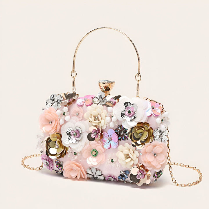 Sac pochette rose orné de fleurs, sequins et perles, avec anse et chaîne dorées, 46193927356640,46193927389408,46193927422176