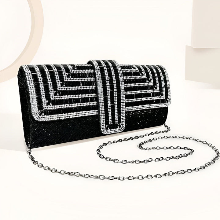 Sac de soirée noir à rabat orné de perles noires et strass blancs, chaîne argentée, 46194019074272