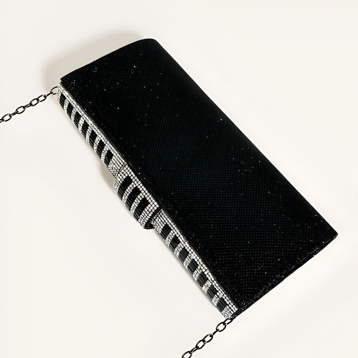 Pochette de soirée noire pailletée avec chaîne et bordure de strass argentés et noirs, 46194019074272