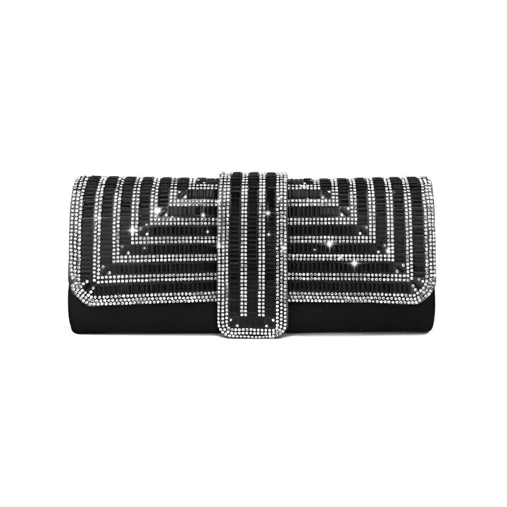 Pochette de soirée noire avec motif géométrique en strass argentés., 46194019074272