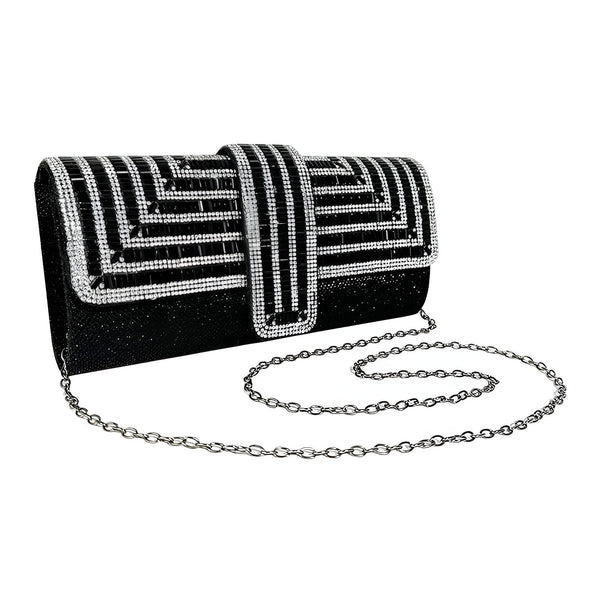 Pochette de soirée noire avec motif géométrique en strass et chaîne argentée., 46194019074272