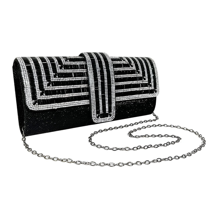 Pochette de soirée noire avec motif géométrique en strass et chaîne argentée., 46194019074272