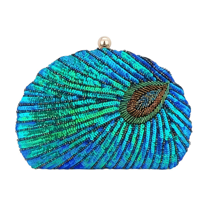 Pochette de soirée motif plume de paon en sequins bleus et verts avec perles et fermoir doré., 46193930830048,46193930862816,46193930895584