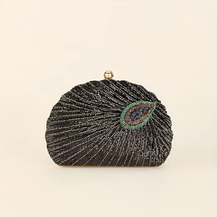 Sac pochette noir perlé avec motif œil de paon et fermoir doré., 46193930830048,46193930862816,46193930895584