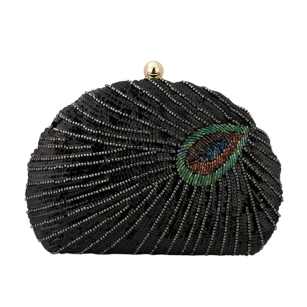 Pochette noire brodée de paillettes et perles, avec motif œil de paon et fermoir doré., 46193930830048,46193930862816,46193930895584