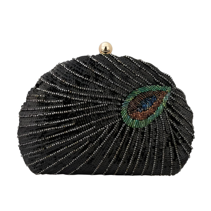 Pochette noire brodée de paillettes et perles, avec motif œil de paon et fermoir doré., 46193930830048,46193930862816,46193930895584