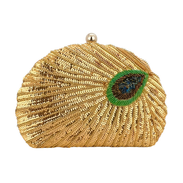 Pochette de soirée dorée en sequins avec motif plume de paon brodée., 46193930830048,46193930862816,46193930895584