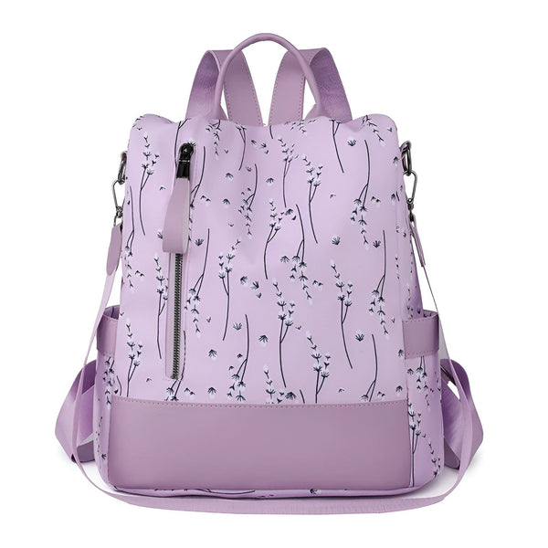 Sac à dos violet clair avec motif floral noir et blanc, poche zippée frontale et bretelles réglables., 46193997971680,46193998004448,46193998037216,46193998069984