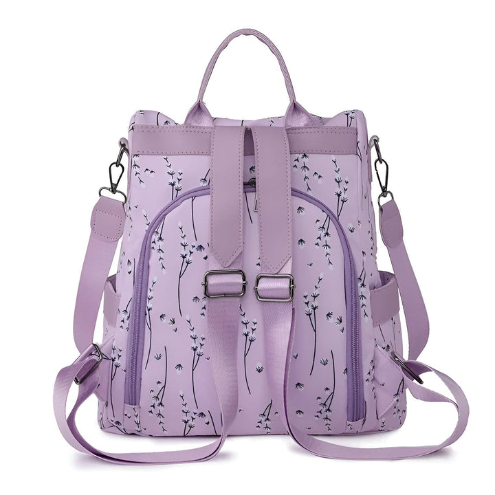 Sac à dos violet clair imprimé floral, bretelles réglables et poches zippées., 46193997971680,46193998004448,46193998037216,46193998069984