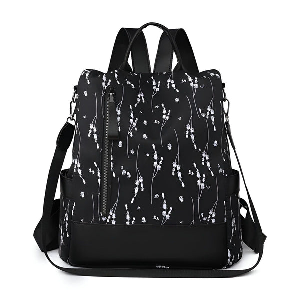 Sac à dos noir imprimé fleurs blanches avec zip vertical et bandoulière., 46193997971680,46193998004448,46193998037216,46193998069984