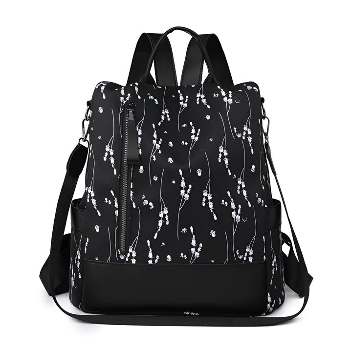 Sac à dos noir imprimé fleurs blanches avec zip vertical et bandoulière., 46193997971680,46193998004448,46193998037216,46193998069984