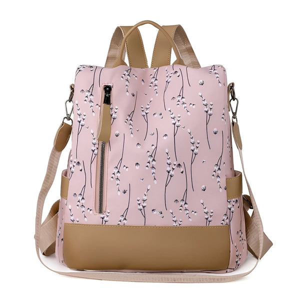 Sac à dos rose à imprimé floral blanc, base camel, bretelles et bandoulière., 46193997971680,46193998004448,46193998037216,46193998069984