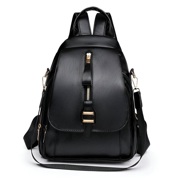Sac à dos en cuir noir avec fermetures éclair dorées et bandoulière amovible, 46193999642848,46193999675616,46193999708384