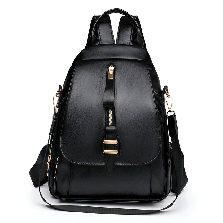 Sac à dos en cuir noir avec fermetures éclair dorées et bandoulière amovible, 46193999642848,46193999675616,46193999708384