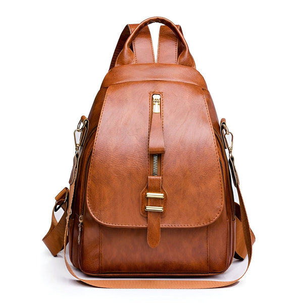 Sac à dos en cuir marron avec fermetures éclair et boucles dorées, et poche avant., 46193999642848,46193999675616,46193999708384