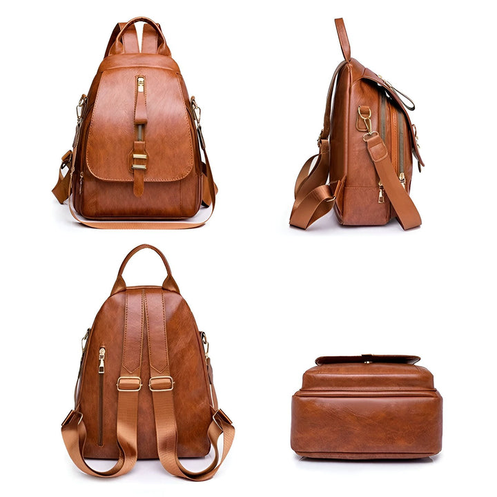 Sac à dos en simili cuir marron présenté sous différents angles., 46193999642848,46193999675616,46193999708384