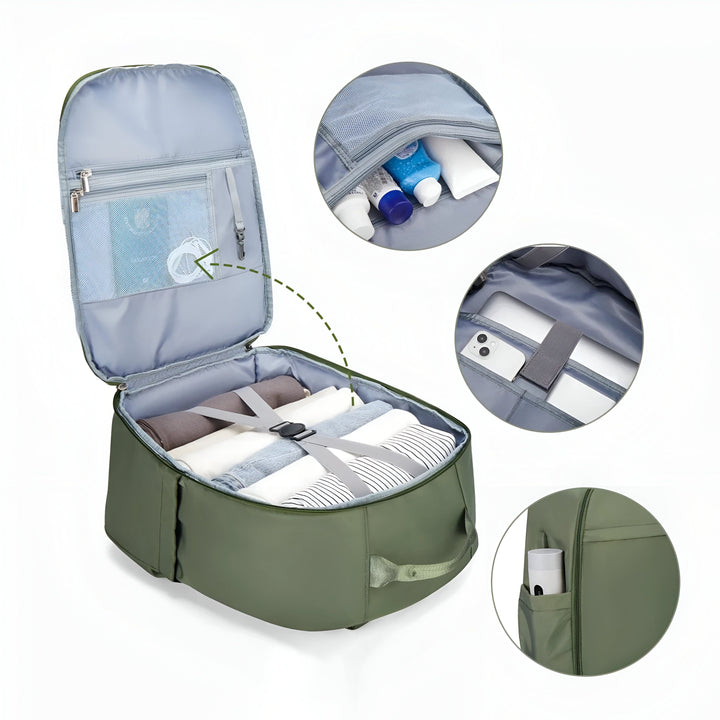 Sac de voyage kaki ouvert avec vêtements roulés et poches de rangement multiples., 46193916575968,46193916608736,46193916641504,46193916674272,46193916707040