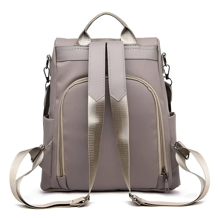 Sac à dos gris en tissu avec poches zippées et bretelles., 46193998758112,46193998790880