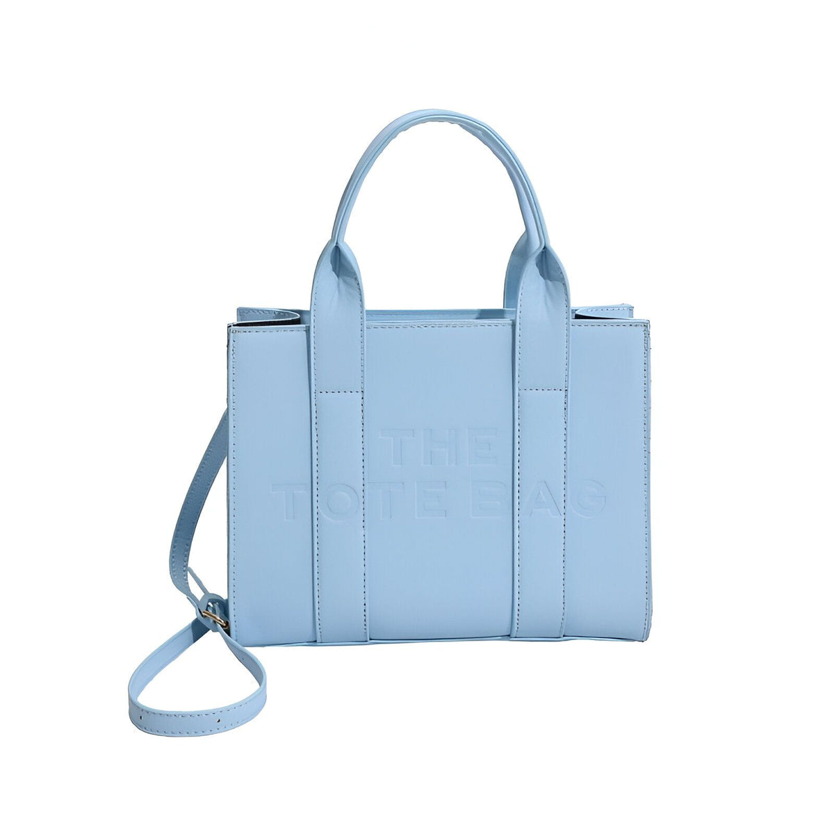 Sac à main bleu clair avec l&#39;inscription &quot;The Tote Bag&quot; en relief.