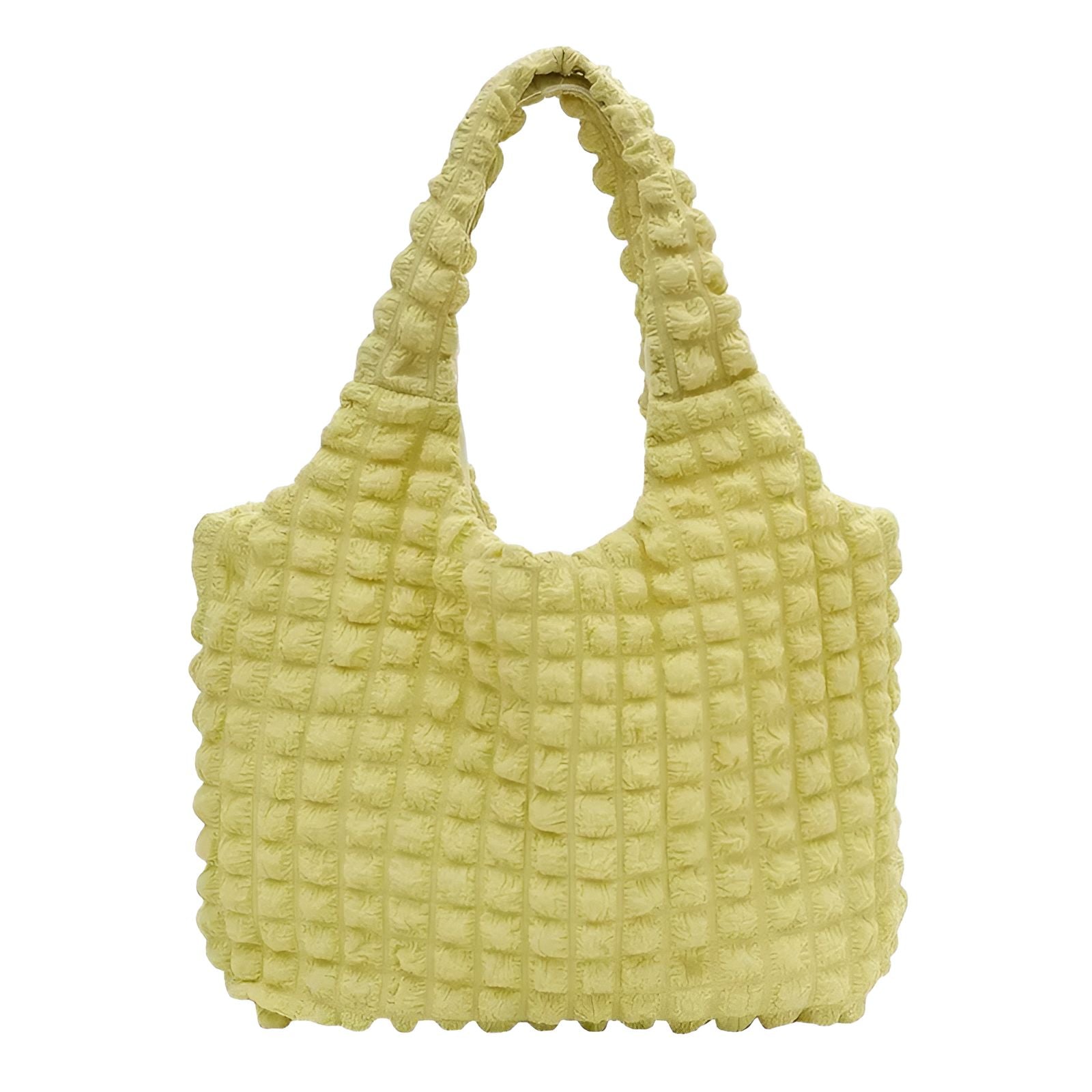 Sac à main jaune en tissu matelassé.