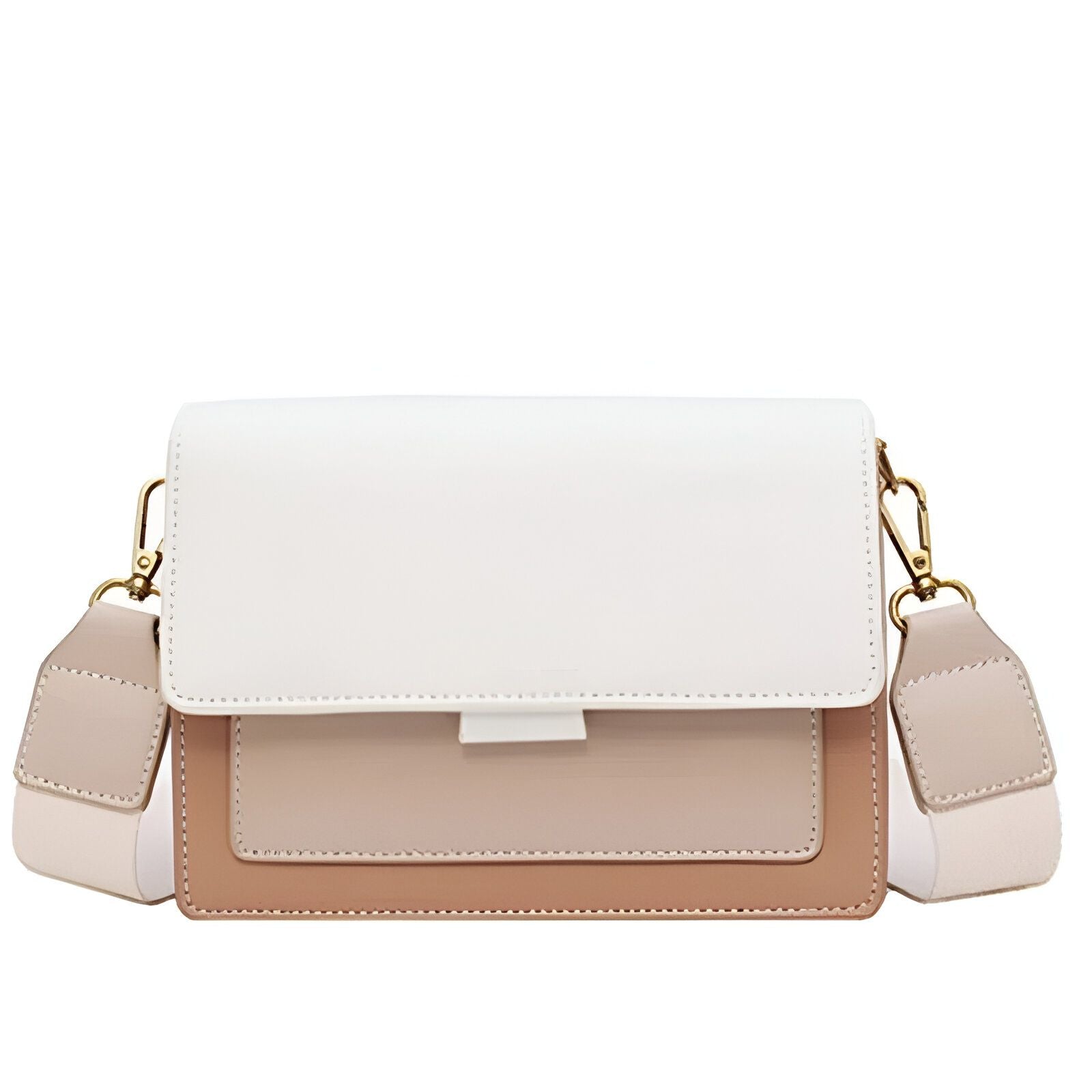 Sac à bandoulière en cuir blanc, beige et marron clair.