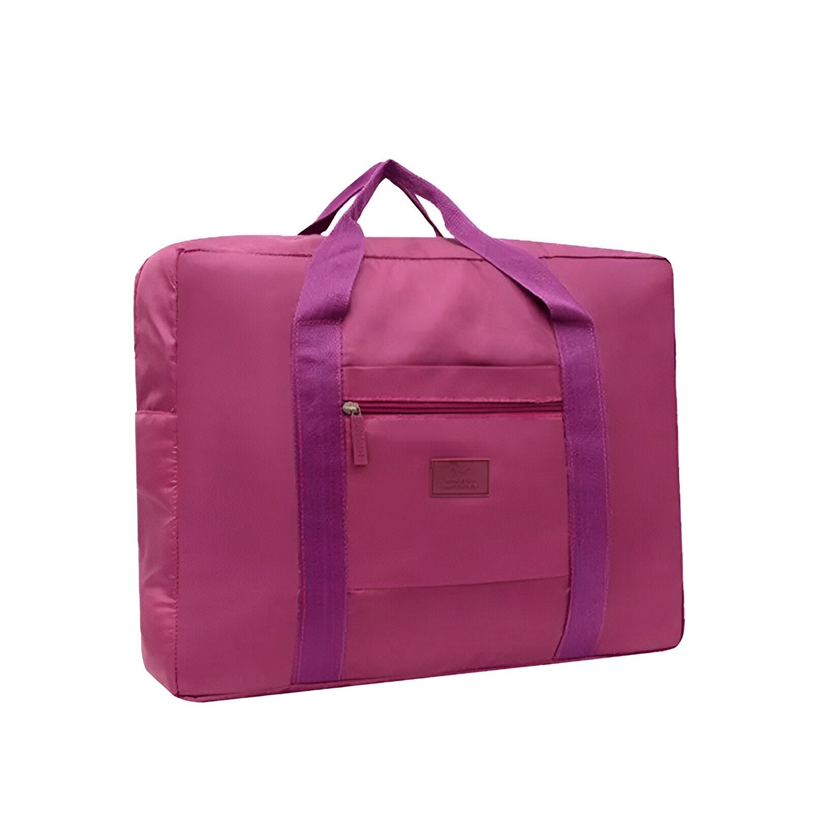 Sac de voyage rose pliante avec des poignées et une petite poche avant.