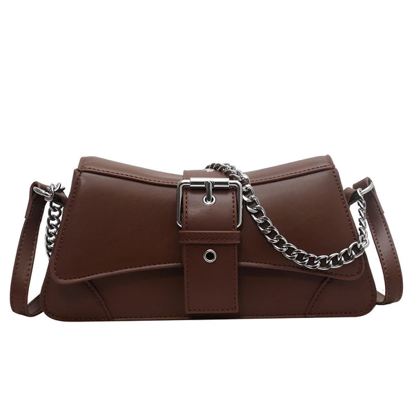 Sac à main marron avec bandoulière chaîne argentée et boucle, 46193944297696,46193944330464