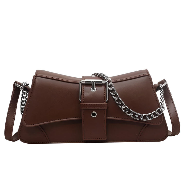 Sac à main marron avec bandoulière chaîne argentée et boucle, 46193944297696,46193944330464
