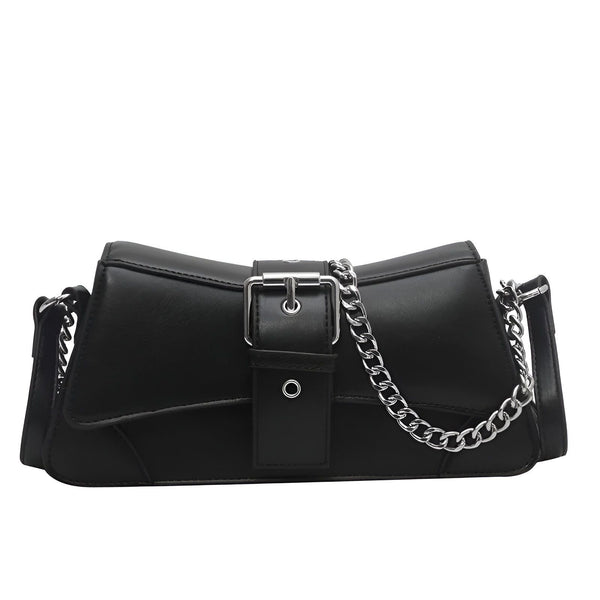 Sac à main noir forme baguette avec boucle et chaîne argentée, 46193944297696,46193944330464