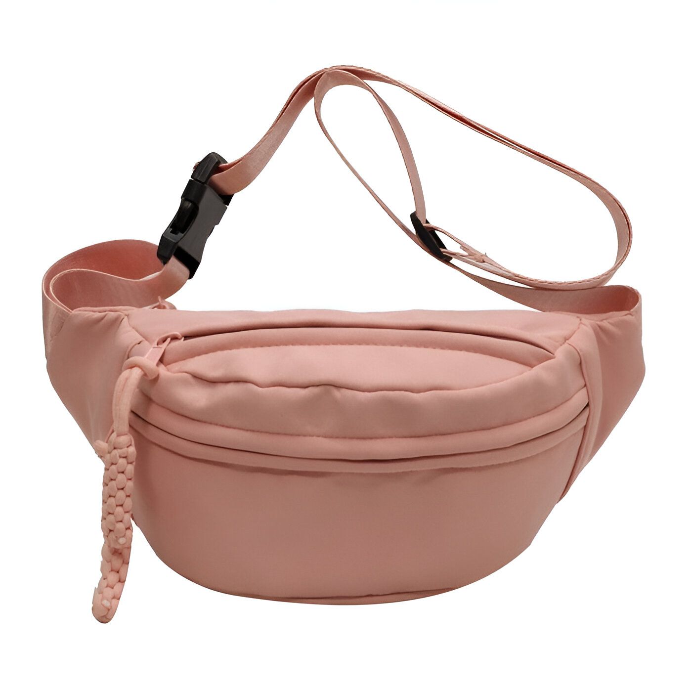 Sac banane rose clair avec une sangle réglable.