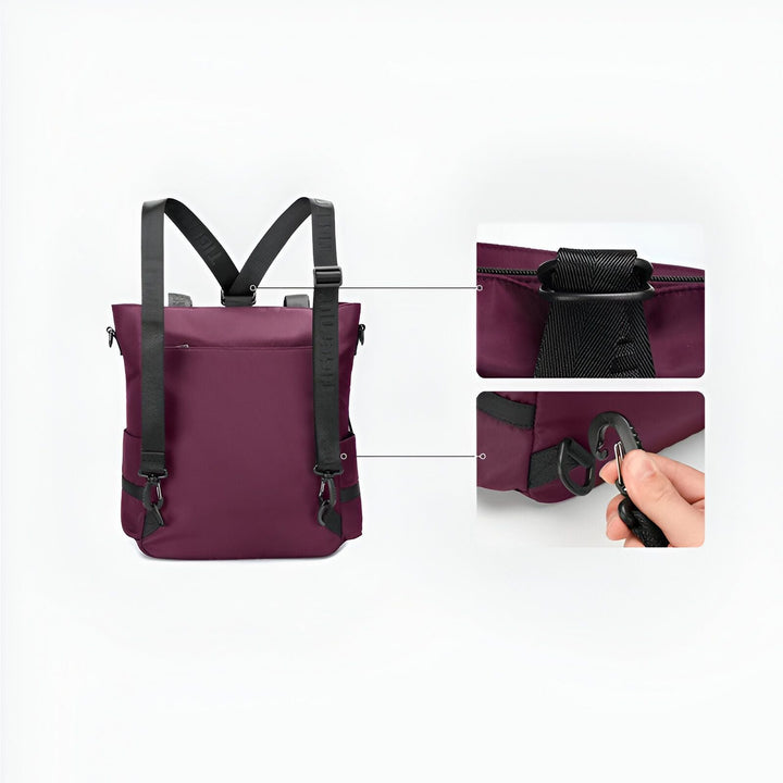 Sac à dos bordeaux avec bretelles noires. Détails des attaches et points de fixation montrés de près., 46193876205792,46193876238560,46193876271328