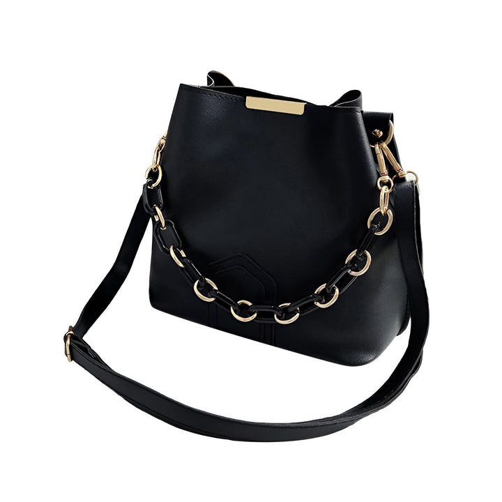 Sac seau noir avec bandoulière réglable et chaîne décorative noire et dorée., 46193874272480,46193874305248,46193874338016,46193874370784,46193874403552,46193874436320