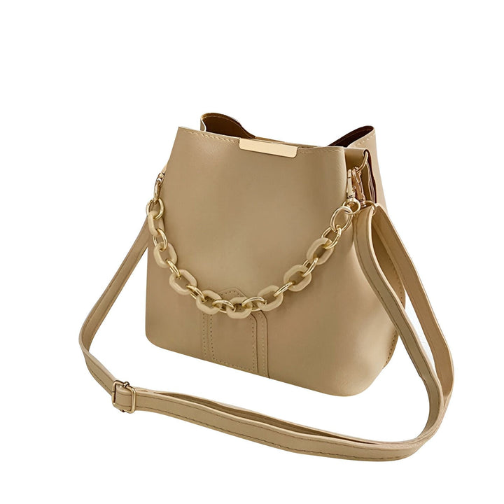 Sac seau beige avec longue bandoulière réglable et anse chaîne épaisse décorative, 46193874272480,46193874305248,46193874338016,46193874370784,46193874403552,46193874436320