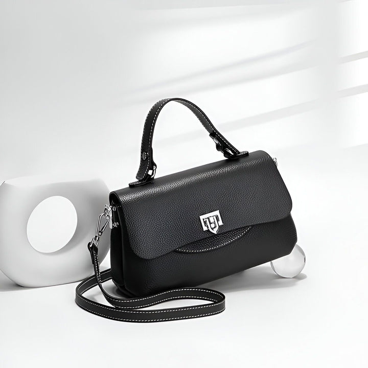 Sac noir en cuir grainé avec anse et bandoulière, 46193863557344