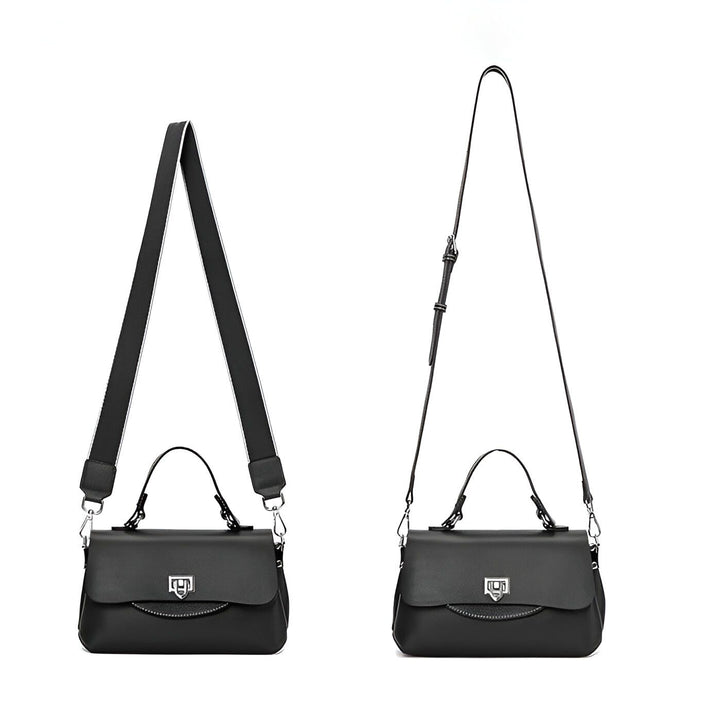 Sac à main noir cuir avec poignée, et deux bandoulières : une large et une fine., 46193863557344