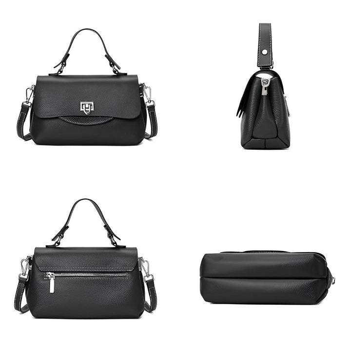 Quatre vues d'un sac à main en cuir noir, poignée, bandoulière, fermoir argenté, 46193863557344