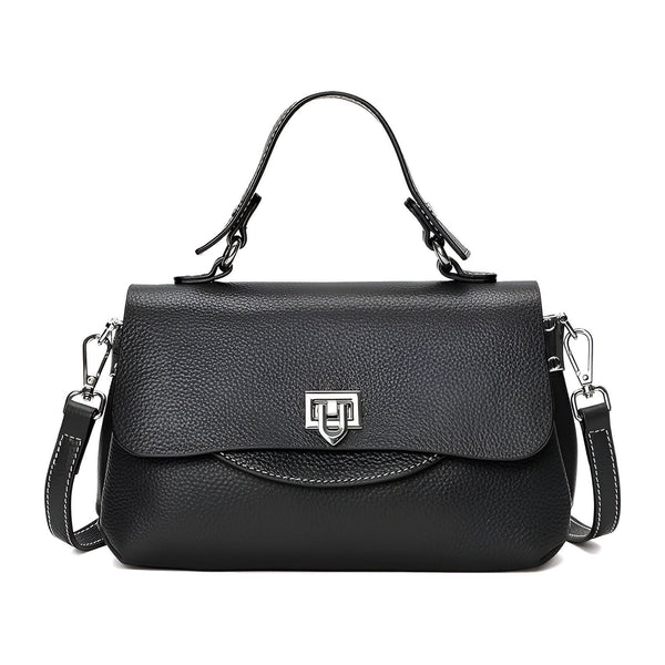 Sac à main et bandoulière en cuir grainé noir avec rabat surpiqué blanc, fermoir argenté, 46193863557344