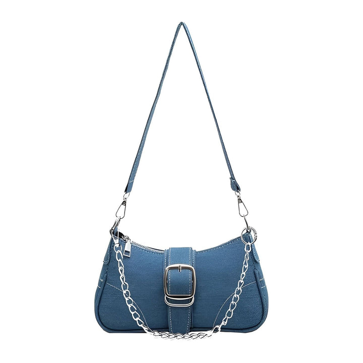 Sac à main bandoulière bleu style baguette avec boucle et chaîne, 46193994399968,46193994432736